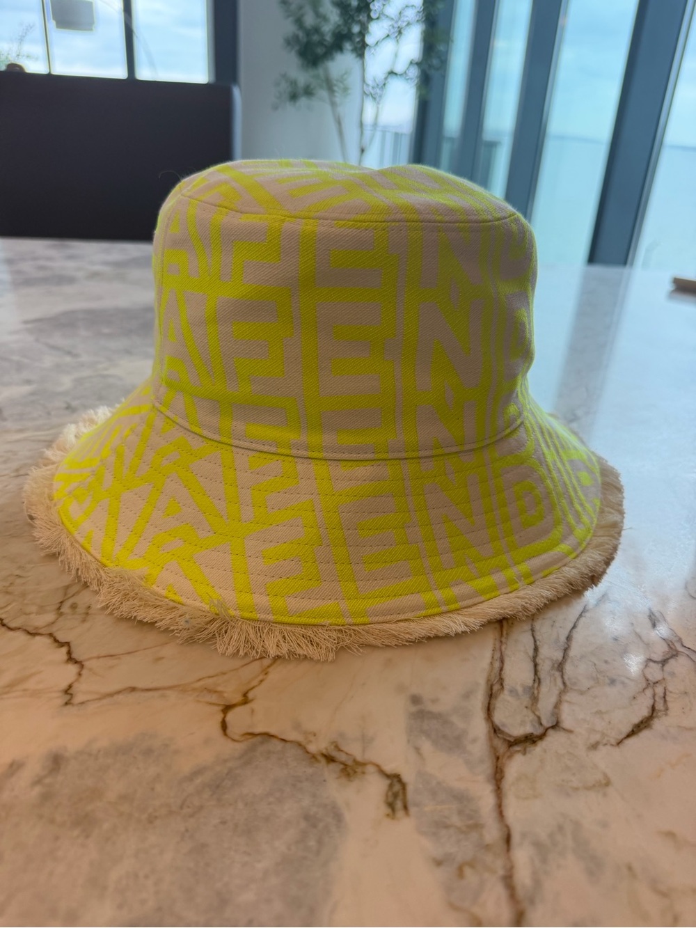Fendi Neon Yellow Logo Fringe-Trim Bucket Hat - Picture 3 of 12